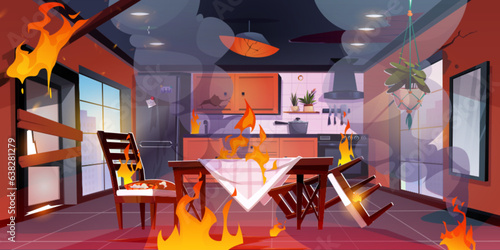 Dining table in kitchen interior in fire disaster with smoke. Broken house cooking room with flame and smoke cartoon vector background. Modern orange cooking appliance burn in danger game scene