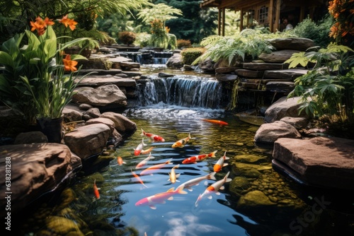 Tranquil Waterfall Flowing into a Koi Pond  Creating a Peaceful and Soothing Environment  Generative AI