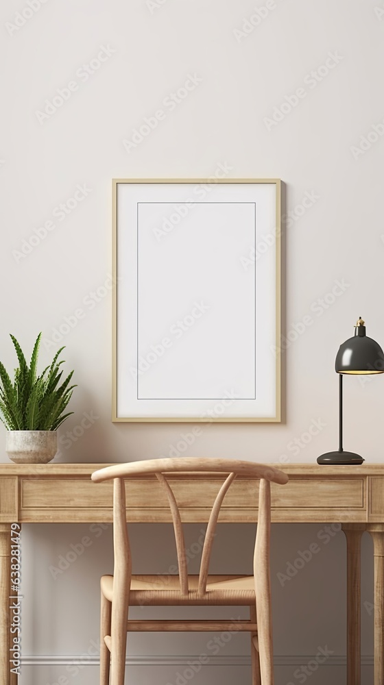 Mockup frame on work table in living room interior on empty white wall background, Generative AI Mockup frame on work table in living room interior on empty white wall background, Generative AI