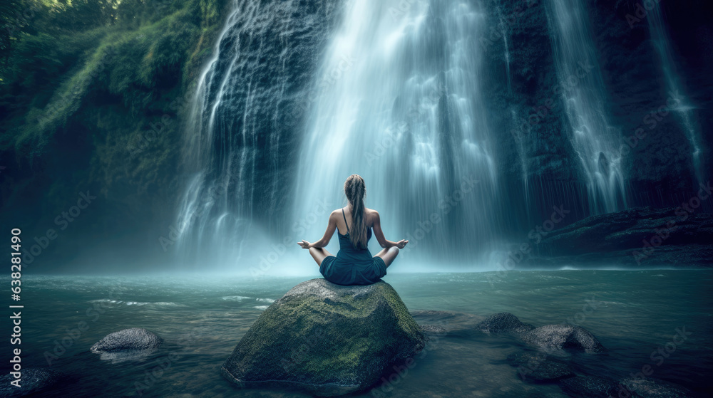 A strong woman practicing yoga near a mesmerizing waterfall, balancing in a crow pose, soothing blue and green tones A strong woman practicing yoga near a mesmerizing waterfall, balancing in a crow pose, soothing blue and green tones