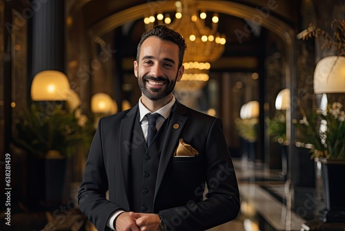 smiling concierge warmly welcoming guests at a luxurious five star hotel (Generative AI) photo