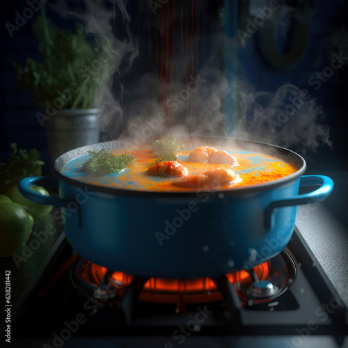 A pot of Brazilian fish soup Moqueca with large chunky ingredients bubbling on a hot flame stove with blue and orange flames below the pot