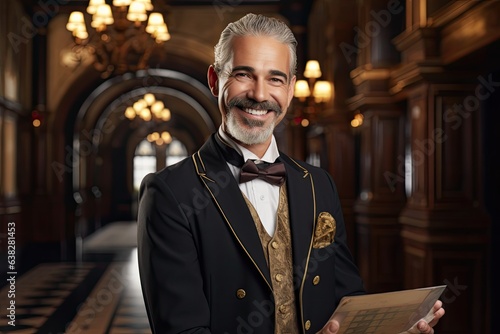 smiling concierge warmly welcoming guests at a luxurious five star hotel (Generative AI) photo