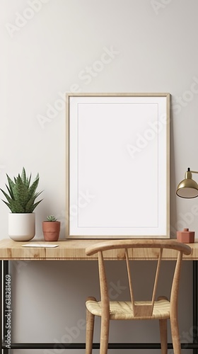 Mockup frame on work table in living room interior on empty white wall background, Generative AI © Dhriti
