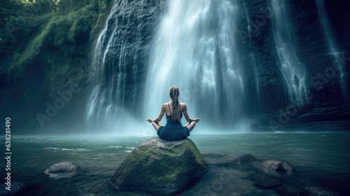 A strong woman practicing yoga near a mesmerizing waterfall, balancing in a crow pose, soothing blue and green tones