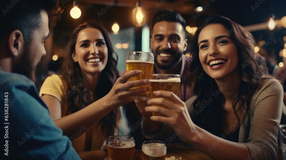 Group of hispanic friends drinking beer mugs at a bar, happy, cheerful. Generative AI