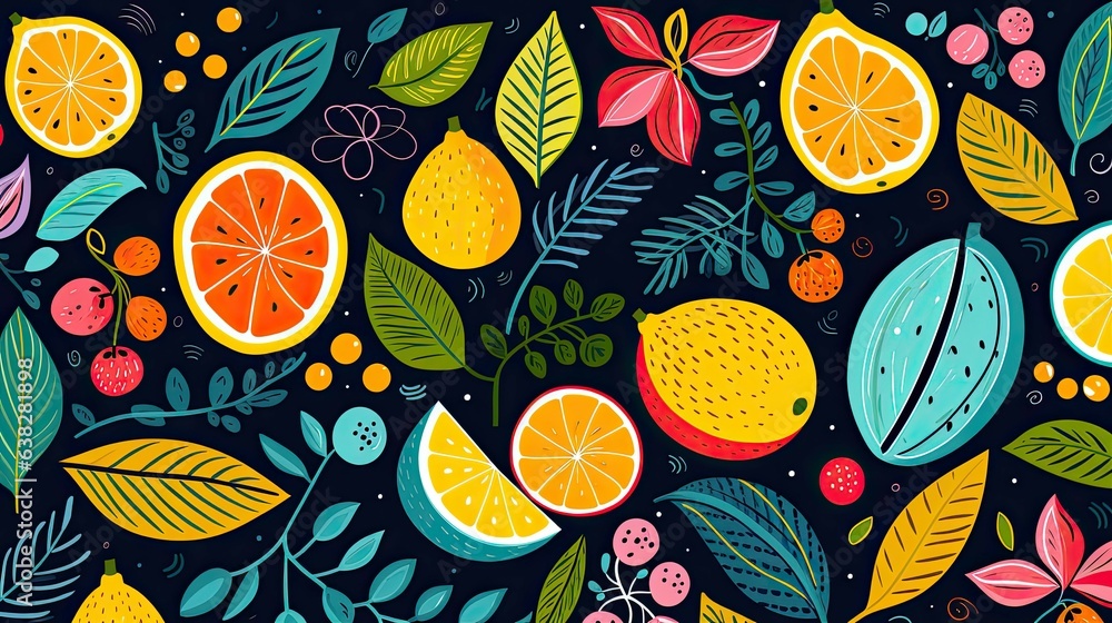 Colorfull fruit and leaves pattern background. Colorfull fruit and leaves pattern background.