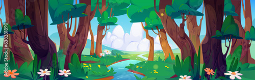 Forest river and meadow cartoon landscape. Horizontal panoramic vector background with stream flowing between trees, green grass and flowers. View from woods to pasture and sky with clouds.