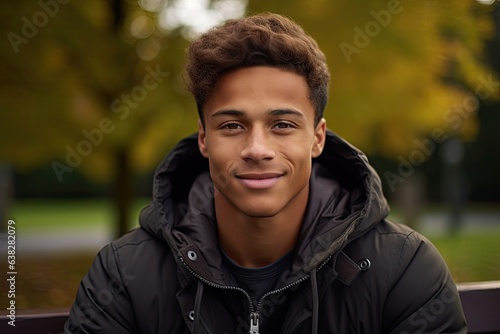 young man sitting on a parkbench in an autumn setting (Generative AI)