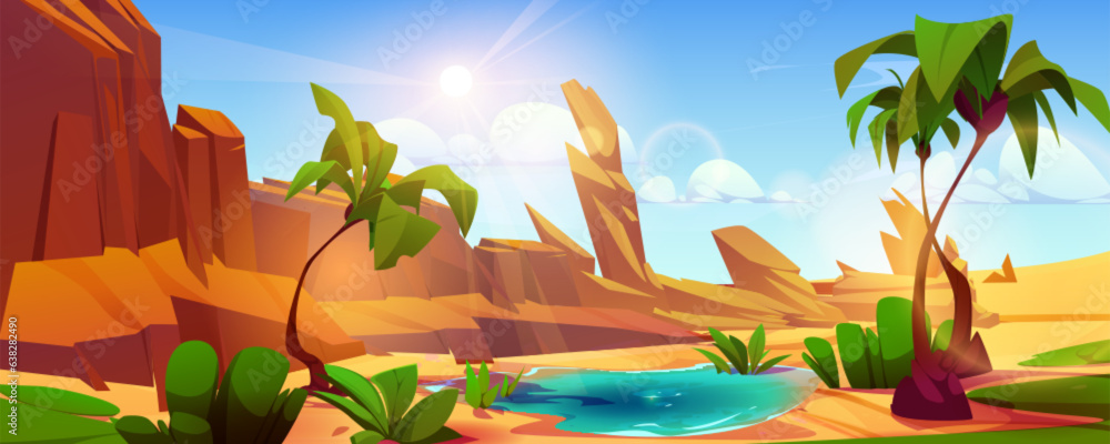 Desert oasis and palm tree landscape background. Rock boulder terrain ...