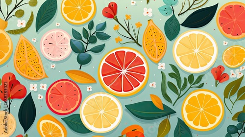 Colorfull fruit and leaves pattern background. © Xabrina