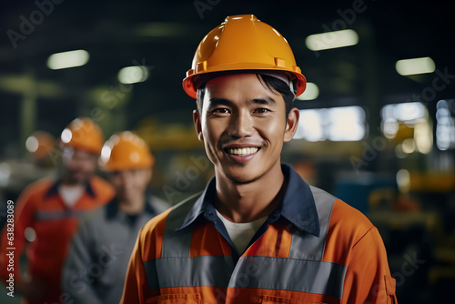 Portrait of asian factory workers stand with confidence and success. Asian Male with safety hat smiling looking at the camera