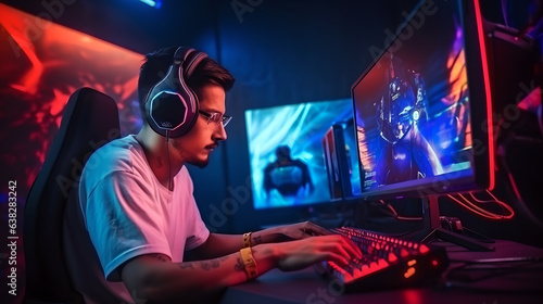 Professional male esports streamer playing online game computer with headphones, Room Lit by Neon Lights in Retro Arcade Style