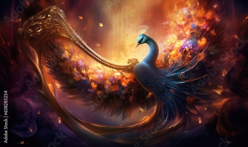 Photo of a vibrant peacock painting against a dramatic dark backdrop