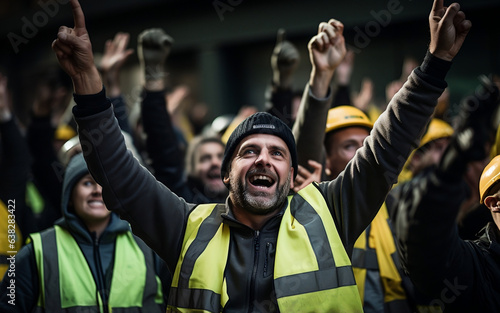 Construction workers in yellow vests and waistcoats raise their hands in the air smiling. AI Generated Images © mohammad