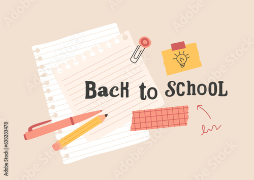 Back to school collage, doddle cut out idea lamp, page from copybook, note paper, pen and pencil, squiggle words, washi tapes with checkered pattern. Composite image in retro style. Vector artwork