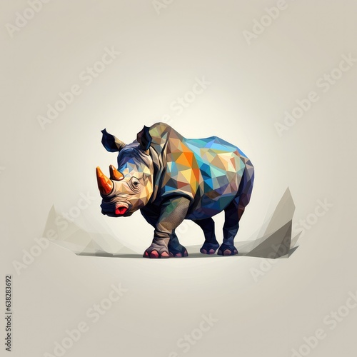 Colourfull rhinoceros is depicted in a low poly style. grey backorund. Generative ai photo