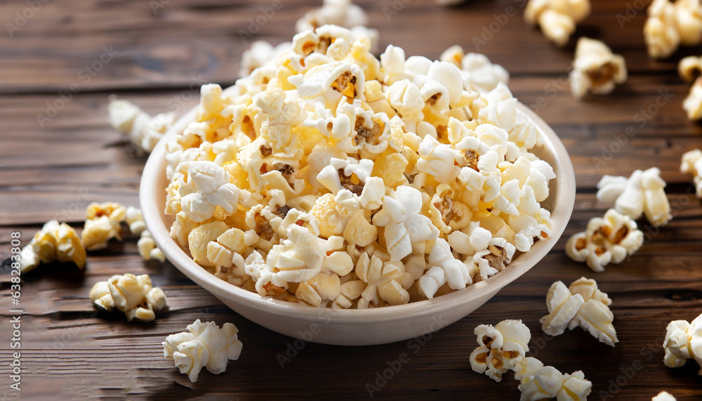 Salt popcorn on the wooden table, selective focus Salt popcorn on the wooden table, selective focus