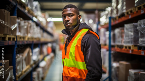 portrait of a happy warehouse worker wearing a high-vis jacket standing in a bright warehouse with shelves full of boxes