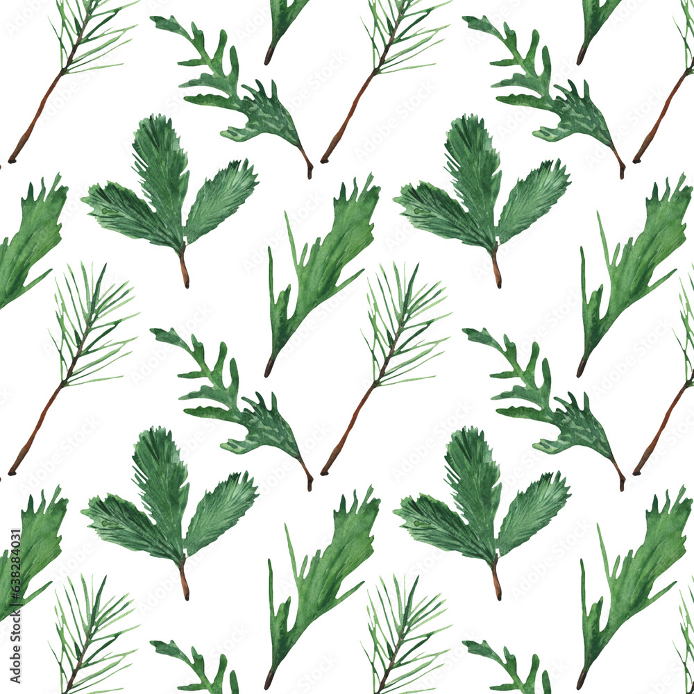 Christmas watercolor horizontal seamless pattern with fir.Winter pattern