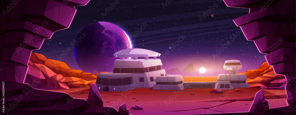 Sunset on alien planet space colony station. Mars observatory base building with exploration mission cartoon vector landscape. Futuristic cosmic desert terrain on outer red satellite expedition - obrazy, fototapety, plakaty 