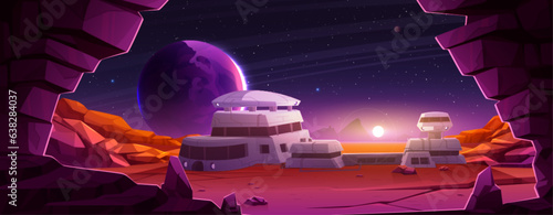 Sunset on alien planet space colony station. Mars observatory base building with exploration mission cartoon vector landscape. Futuristic cosmic desert terrain on outer red satellite expedition