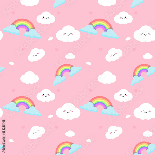 Rainbows and clouds cute seamless pattern decorating small hearts in pastel pink background