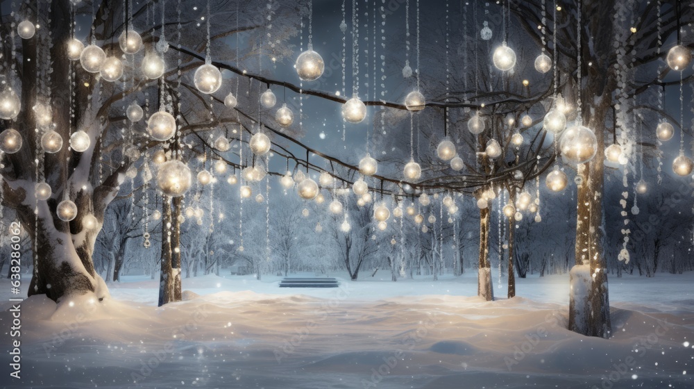 Sparkling lights and ornaments on a snowy winter scene - obrazy, fototapety, plakaty 