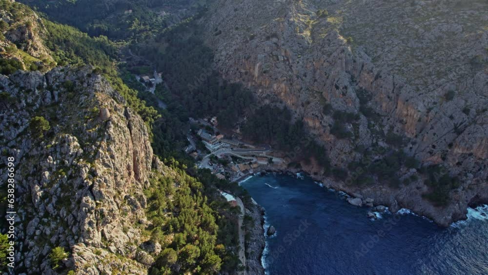 Aerial View Of Port De Sa Calobra Marina In The Balearic Island Of Mallorca, Spain. Aerial View Of Port De Sa Calobra Marina In The Balearic Island Of Mallorca, Spain.