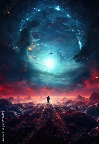 Fantasy landscape with a man on the background of the night sky. created by generative AI technology.