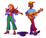 Street musicians, people playing music on guitar and violin. Man and woman artists perform for donation on city street. Buskers and hat on floor, vector cartoon illustration