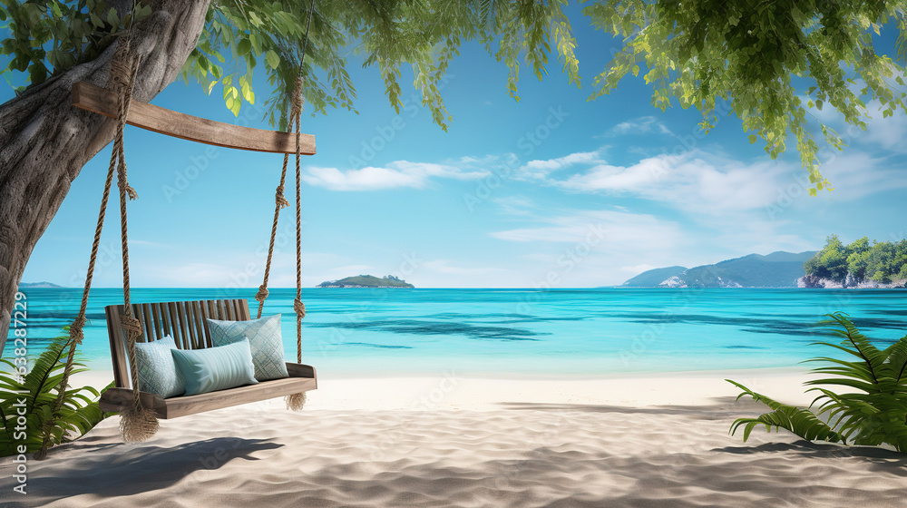 Paradise beach, relax landscape with beach swing or hammock on coconut palm and white sand calm sea sunny sky for exotic beach template. Amazing beach scene vacation and summer holiday. Luxury travel - obrazy, fototapety, plakaty 