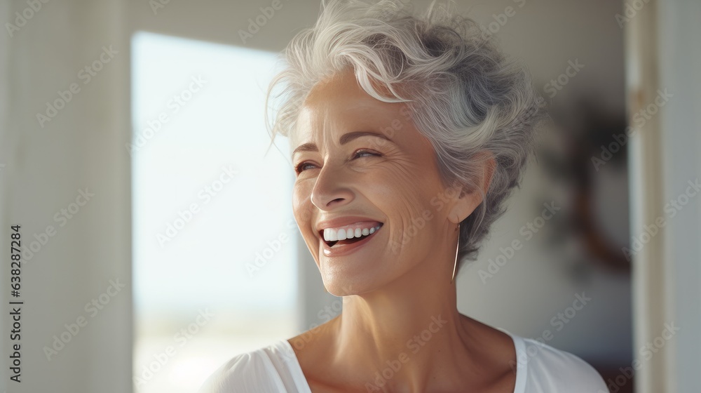 Beautiful gorgeous 50s mid age beautiful elderly senior model woman with grey hair laughing and smiling. Mature old lady close up portrait. Healthy face skin care beauty, skincare cosmetics, dental. - obrazy, fototapety, plakaty 