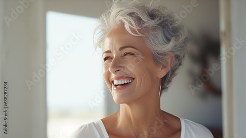 Beautiful gorgeous 50s mid age beautiful elderly senior model woman with grey hair laughing and smiling. Mature old lady close up portrait. Healthy face skin care beauty, skincare cosmetics, dental. © Emil