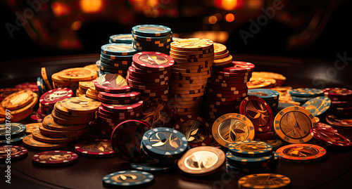 Casino roulette table with red and gold chips. created by generative AI technology.
