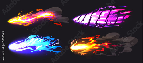 Cartoon set of laser gun shot effects isolated on black background. Vector illustration of magic beams with fire and smoke, neon color energy blast, futuristic weapon, alien attack, evil witch spell