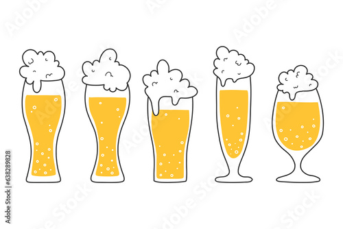 Set of glasses with beer in doodle style. Vector illustration. Linear collection of foamy beer.