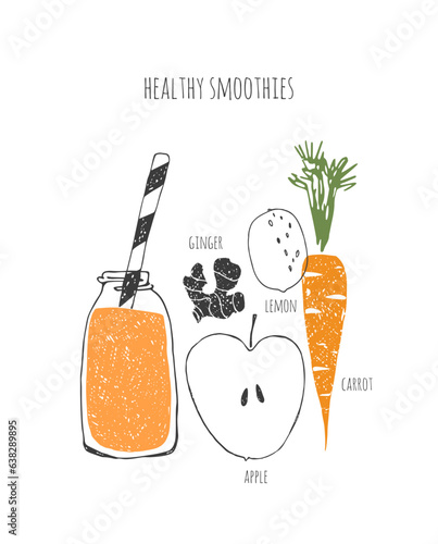 Hand drawn healthy smoothie recipe. Doodle apple, ginger, carrot, lemon. 

