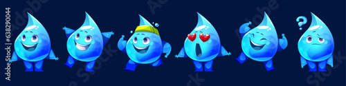 Water drop cartoon mascot character happy face cute vector icon set. smile raindrop comic expression with sport, excited, love and question emotion animation clipart. Bubble hero childish emoticon