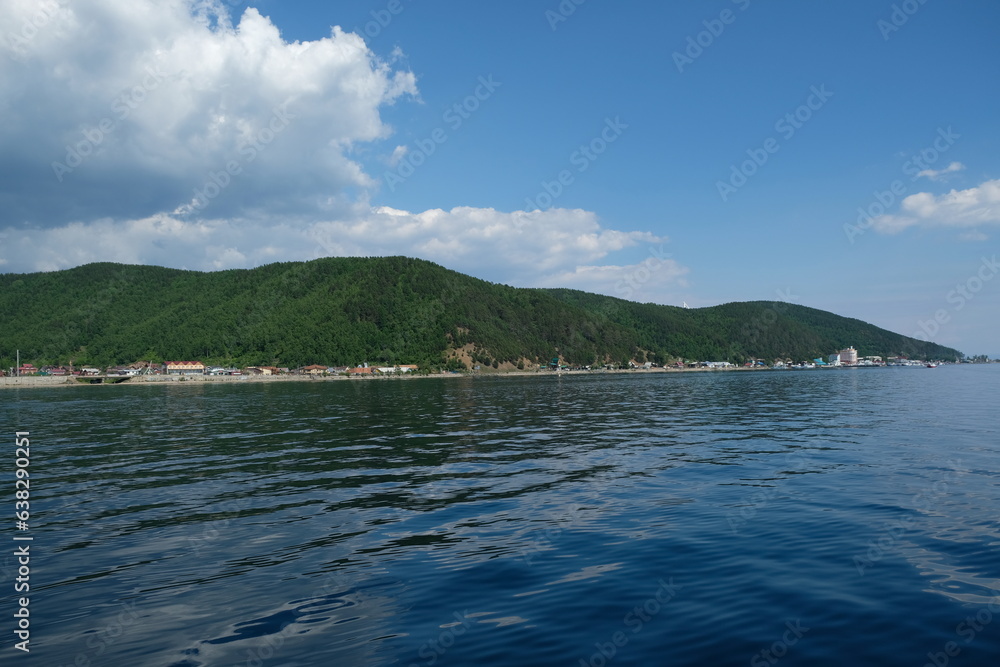 Irkutsk region, Russia - 06.23.2018 : Lake Baikal and the coastal area with hills and different vegetation.