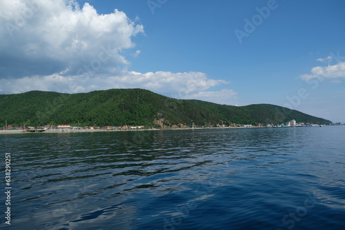 Irkutsk region, Russia - 06.23.2018 : Lake Baikal and the coastal area with hills and different vegetation.