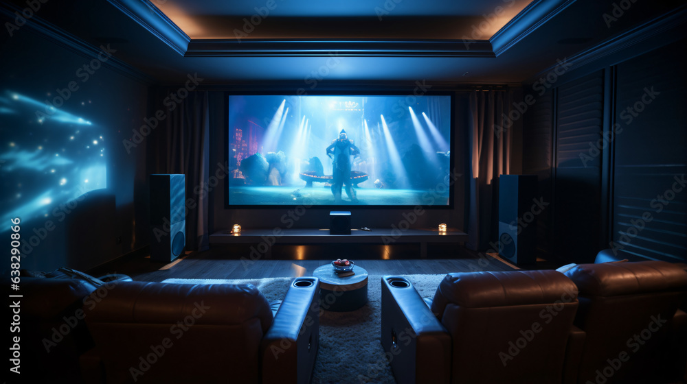 3d home cinema room with blue lights