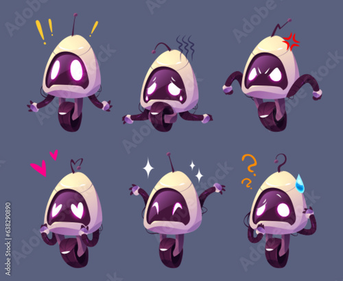 Cute ai robot character futuristic cartoon set. Artificial intelligence mascot design with emotions expression. Isolated angry, surprised, tired and happy face cyber bot companion clipart for game