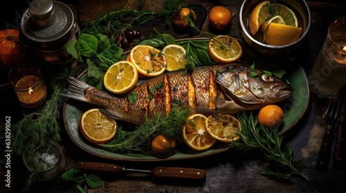grilled salmon with lemon on a wooden board