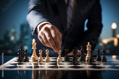 Businessman moving chess piece on chess board game
