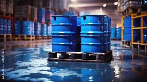 Blue oil barrels in warehouse 