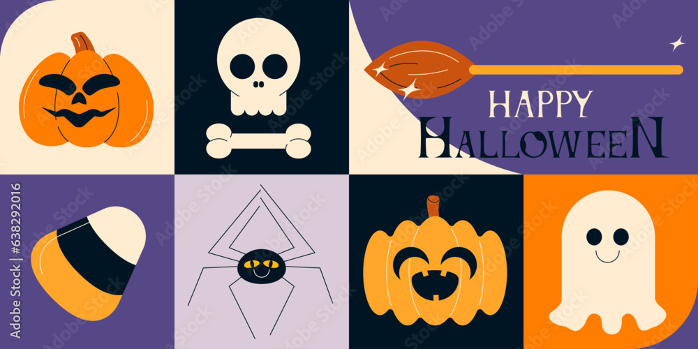 Happy Halloween holiday banner. Abstract geometric Helloween pattern background. October 31 backdrop. Flat vector illustrations set Happy Halloween holiday banner. Abstract geometric Helloween pattern background. October 31 backdrop. Flat vector illustrations set