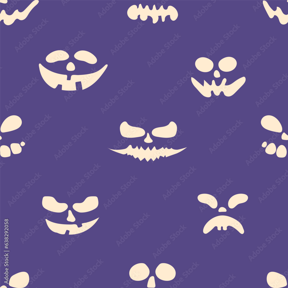 Scary Halloween faces seamless pattern. Helloween holiday endless background with spooky jack pumpkin characters. 31 october repeating print. Flat vector illustration