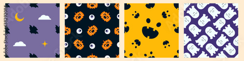 Halloween seamless patterns with cute pumpkins, moon, ghost, bats, spooky faces. Repeating Helloween background. Endless holiday texture design. Colored flat vector illustration