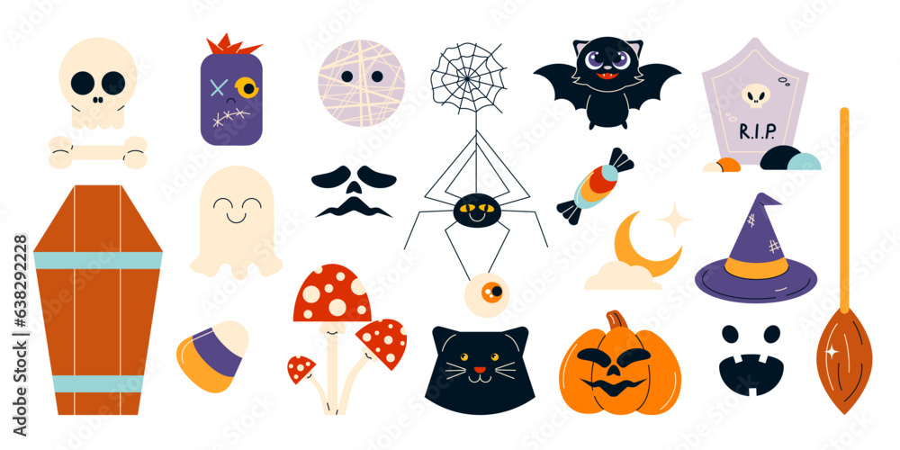 Halloween set with ghost, hat, broom, black cat, pumpkin, candies, spider on web, skull, mummy, grave, coffin. Cute doodle Helloween bundle with holiday characters and elements. vector illustrations Halloween set with ghost, hat, broom, black cat, pumpkin, candies, spider on web, skull, mummy, grave, coffin. Cute doodle Helloween bundle with holiday characters and elements. vector illustrations